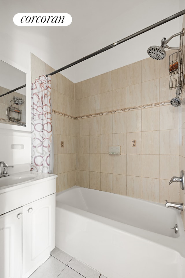 bathroom with vanity, tile patterned floors, and shower / bath combination with curtain