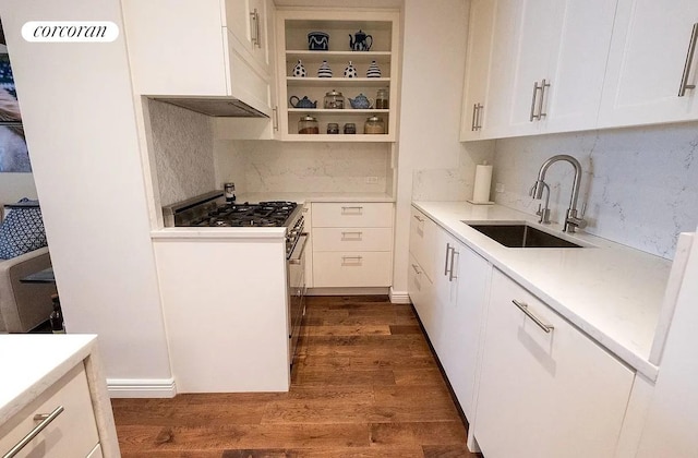 303 E 57th St Unit 16F, New York City, NY 10022 - kitchen with a sink, stainless steel range with gas cooktop, dark wood finished floors, decorative backsplash, and light countertops
