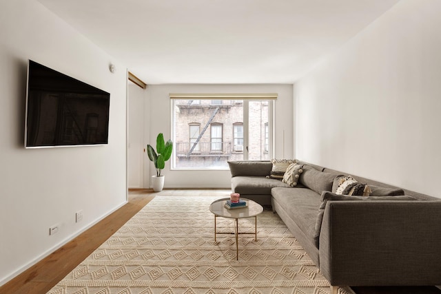 living area with baseboards and wood finished floors