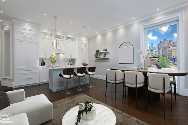 living room featuring baseboards, recessed lighting, crown molding, and a city view