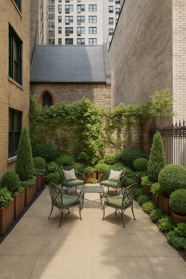 view of patio featuring fence and outdoor lounge area