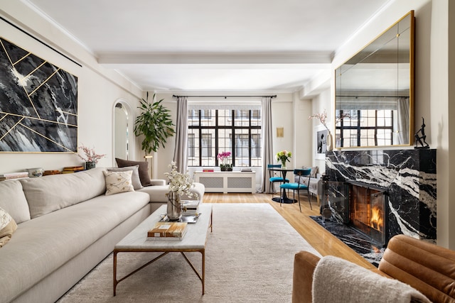 living area with crown molding, radiator, plenty of natural light, and wood finished floors