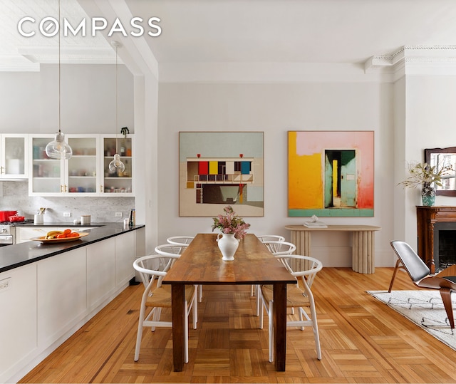 dining area featuring a fireplace