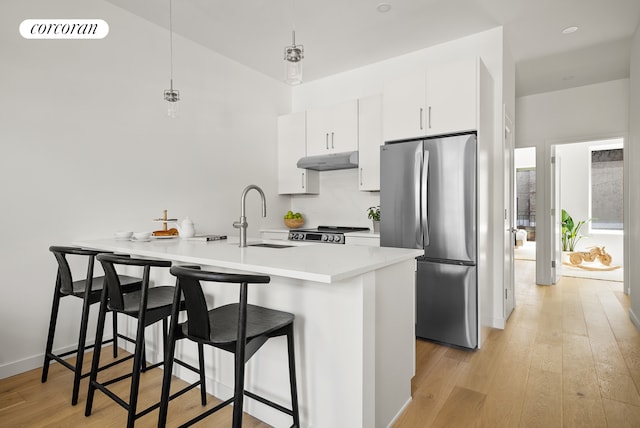 291 6th Ave Unit 4, New York City, NY 11215 - kitchen with appliances with stainless steel finishes, under cabinet range hood, a sink, a kitchen bar, and light wood-style floors