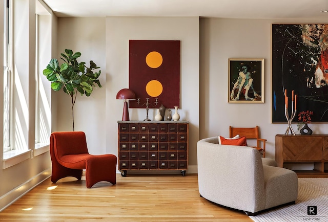 living area featuring baseboards and wood finished floors