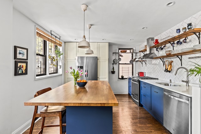 kitchen with open shelves, a sink, decorative backsplash, blue cabinets, and stainless steel appliances