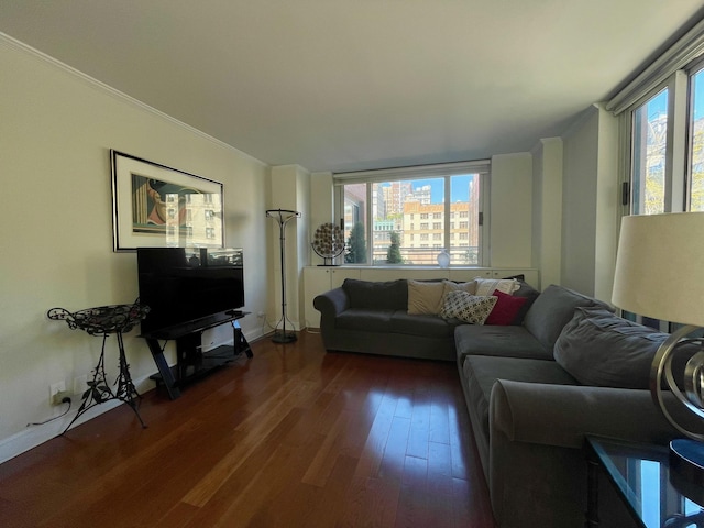 living room featuring crown molding, baseboards, and dark wood-type flooring