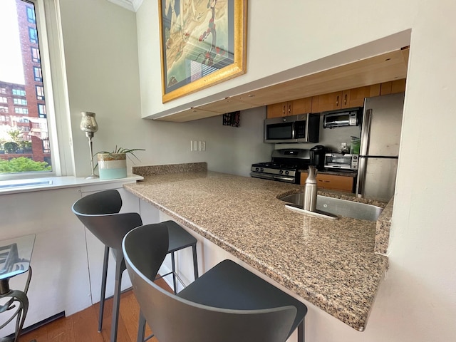 kitchen with ornamental molding, wood finished floors, a toaster, a sink, and appliances with stainless steel finishes