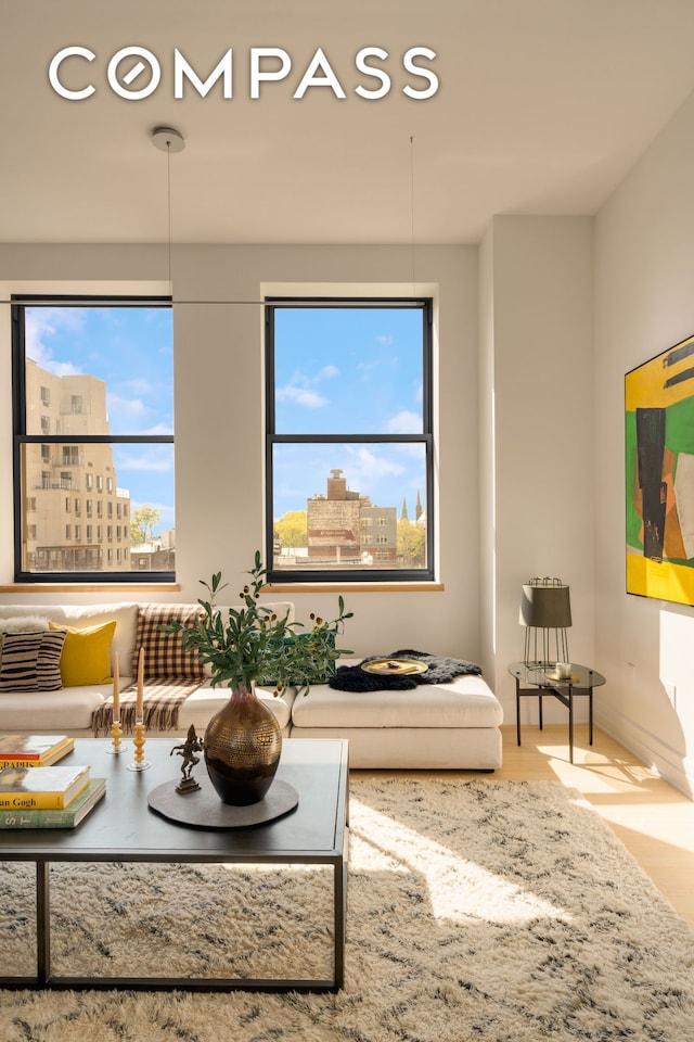 110 Livingston St Unit 6C, New York City, NY 11201 - living room featuring plenty of natural light, wood finished floors, and a view of city