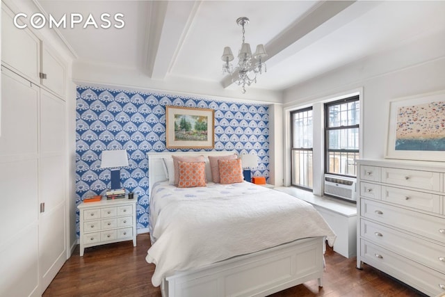 bedroom with access to outside, beam ceiling, cooling unit, a chandelier, and dark wood-type flooring