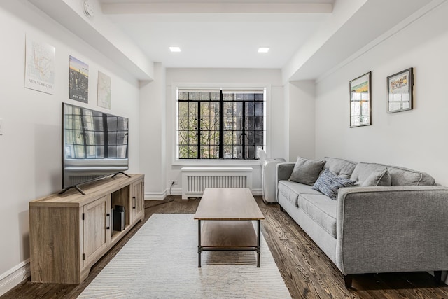 45 Tudor City Pl Unit 507, New York City, NY 10017 - living room featuring radiator, dark wood finished floors, and baseboards