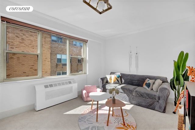 living room with visible vents, crown molding, baseboards, heating unit, and carpet