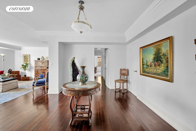 interior space featuring crown molding, baseboards, dark wood-style floors, and visible vents