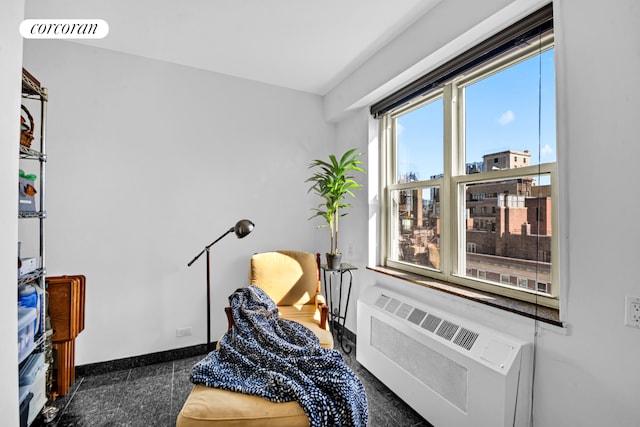 living area with baseboards, visible vents, and granite finish floor