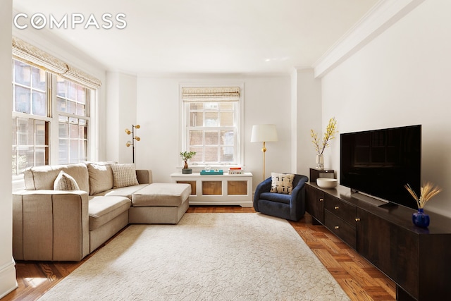 living area featuring crown molding and a wealth of natural light