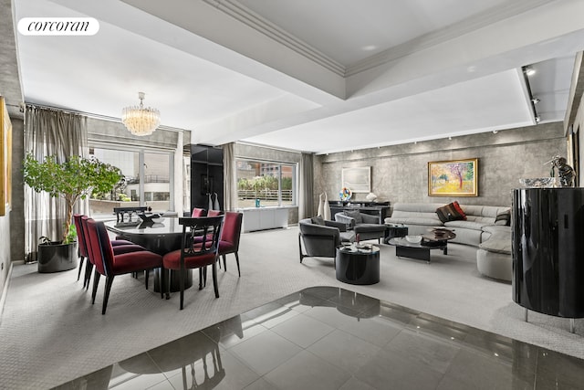 tiled dining space featuring an inviting chandelier, ornamental molding, carpet flooring, and visible vents