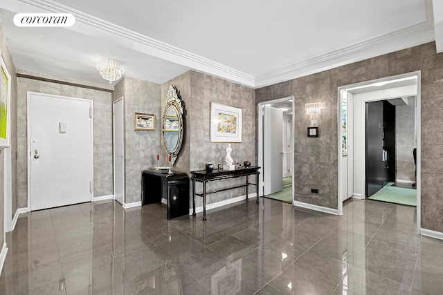 200 E 57th St Unit 14F, New York City, NY 10022 - foyer featuring baseboards, ornamental molding, a chandelier, and granite tiled floors