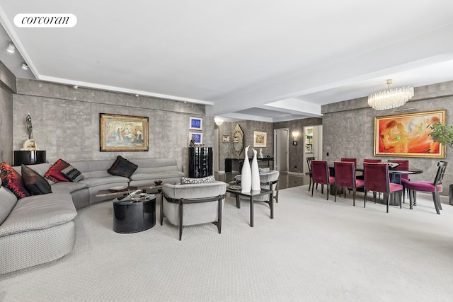 living room featuring visible vents, carpet floors, beam ceiling, and a chandelier