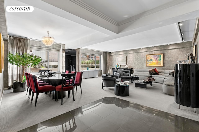 200 E 57th St Unit 14F, New York City, NY 10022 - carpeted dining space featuring a chandelier, crown molding, and tile patterned floors