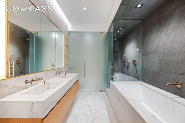 60 White St Unit 4E, New York City, NY 10013 - full bathroom featuring a stall shower, a bath, double vanity, and marble look tile flooring