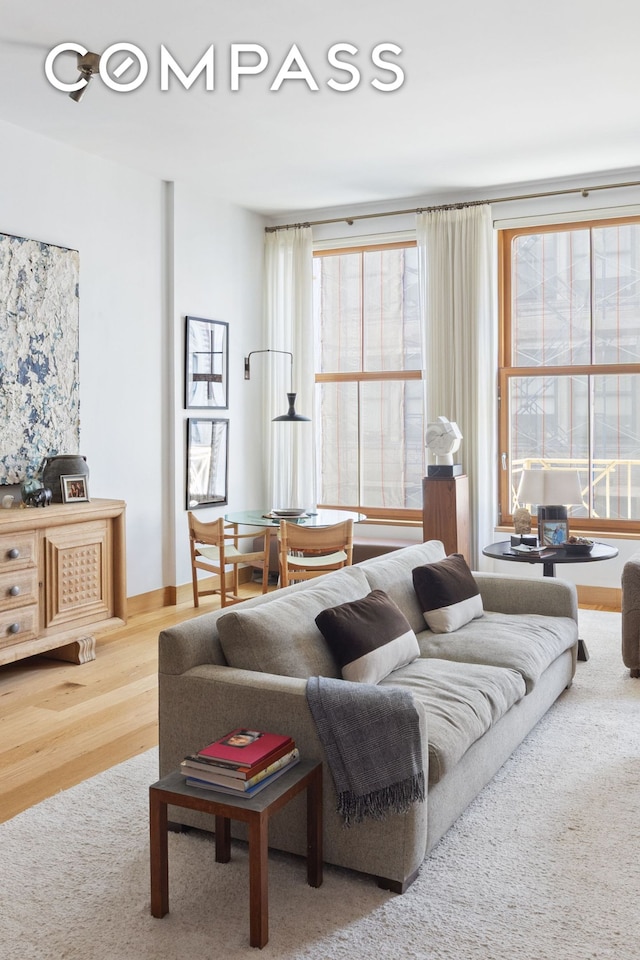 living room featuring baseboards, wood finished floors, and a healthy amount of sunlight