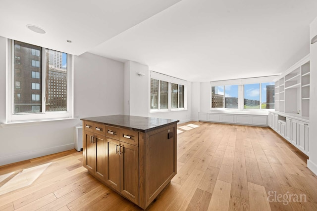 333 Rector Pl Unit 805, New York City, NY 10280 - kitchen featuring light wood-type flooring, a kitchen island, baseboards, and open shelves