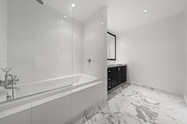 333 Rector Pl Unit 805, New York City, NY 10280 - full bathroom with vanity, tiled shower / bath combo, marble tiled flooring, recessed lighting, and baseboards