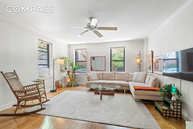 living area featuring a healthy amount of sunlight, baseboards, ceiling fan, and wood-type flooring