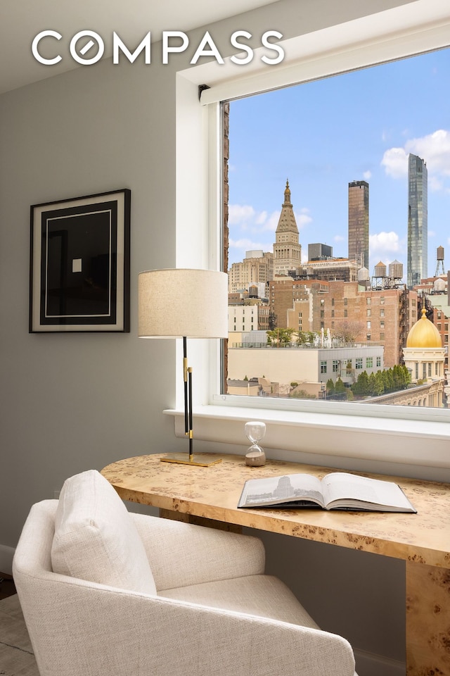 interior space featuring a view of city