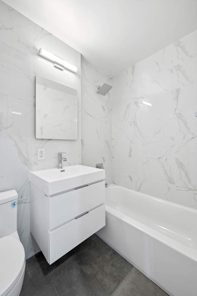 full bath featuring vanity, bathing tub / shower combination, and toilet