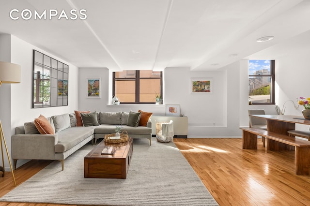living area featuring baseboards, plenty of natural light, and wood finished floors