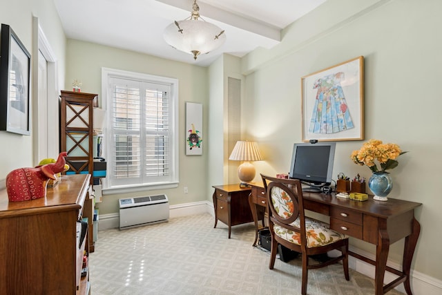 office featuring baseboards and beam ceiling