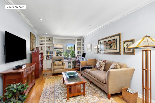 334 W 87th St Unit 6A, New York City, NY 10024 - living area featuring light wood-style floors, recessed lighting, built in shelves, and ornamental molding