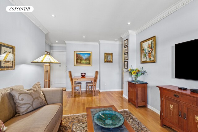 334 W 87th St Unit 6A, New York City, NY 10024 - living room with light wood finished floors, recessed lighting, ornamental molding, and baseboards