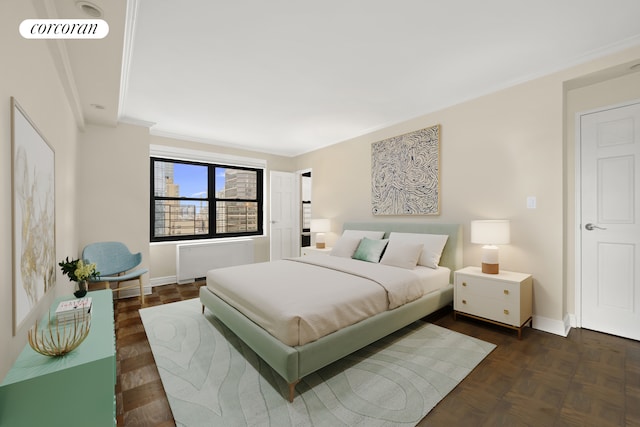 bedroom featuring radiator, baseboards, ornamental molding, and visible vents