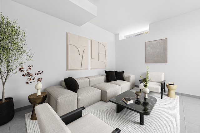 living room with light tile patterned floors and baseboards