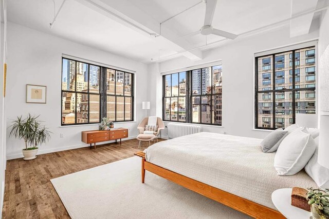 bedroom with radiator heating unit, baseboards, and wood finished floors