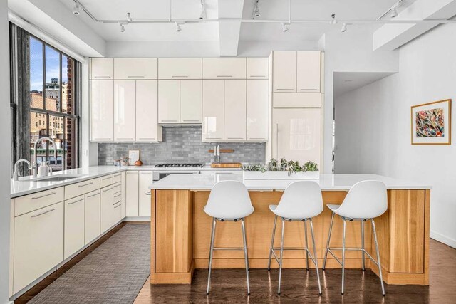 kitchen with a sink, light countertops, rail lighting, a center island, and decorative backsplash