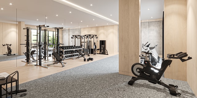 exercise room featuring recessed lighting