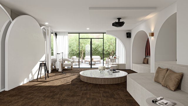 living room with expansive windows, recessed lighting, and carpet