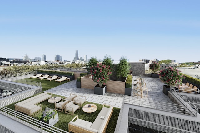 exterior space featuring an outdoor hangout area, a view of city, and a patio area