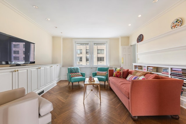 1 E End Ave Unit 8A, New York City, NY 10075 - living room featuring ornamental molding, recessed lighting, and wainscoting
