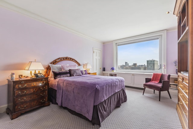 1 E End Ave Unit 8A, New York City, NY 10075 - bedroom featuring light colored carpet, crown molding, and a city view
