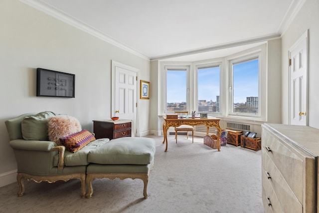 1 E End Ave Unit 8A, New York City, NY 10075 - living area with crown molding, baseboards, radiator, and carpet flooring