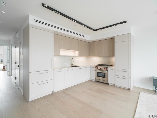 636 Lorimer St Unit 2, New York City, NY 11211 - kitchen with designer range, decorative backsplash, light wood-style flooring, light countertops, and a sink