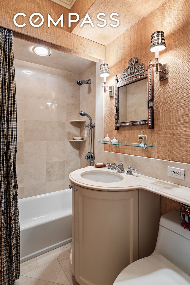 full bath featuring vanity, tile patterned flooring, toilet, and shower / tub combo with curtain