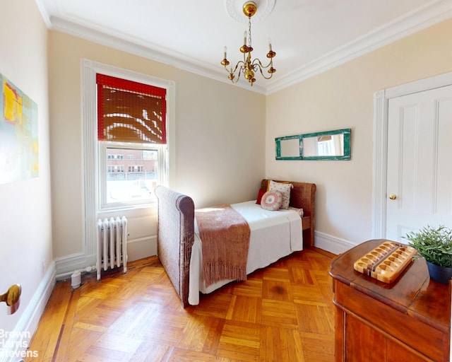 188 W 135th St Unit 5W, New York City, NY 10030 - bedroom with radiator, crown molding, a chandelier, and baseboards