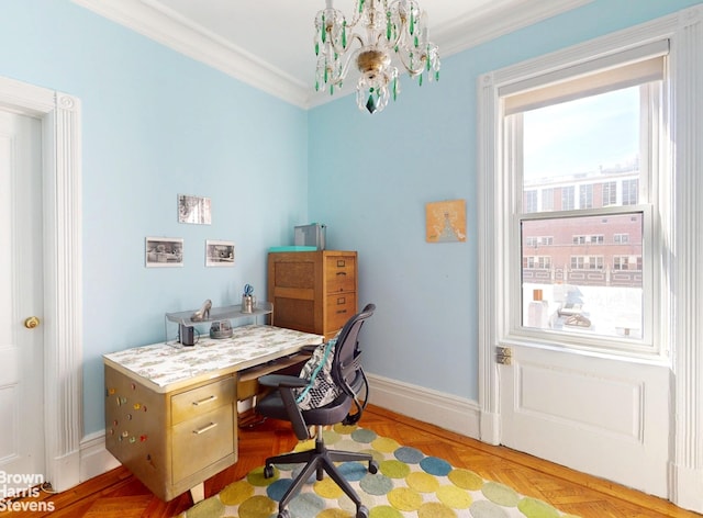 188 W 135th St Unit 5W, New York City, NY 10030 - office with ornamental molding, baseboards, and a chandelier