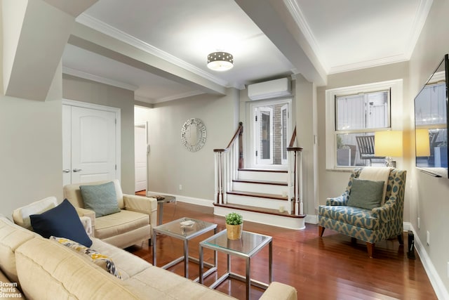 living area with wood-type flooring, baseboards, a wall unit AC, ornamental molding, and stairway