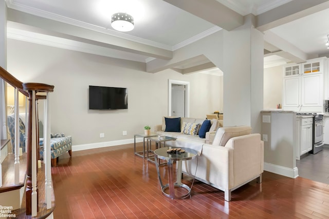 living room featuring beamed ceiling, baseboards, crown molding, and hardwood / wood-style flooring